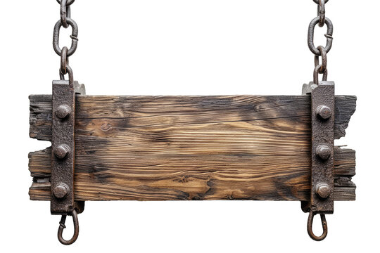 Blank old wooden sign on chain isolated on transparent background PNG. AI Generative