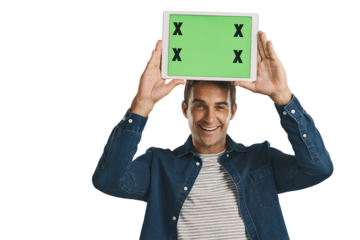 Portrait, tablet and man with green screen, smile and mockup space isolated on a transparent png background. Digital technology, chroma key and person show marketing, social media or tracking markers