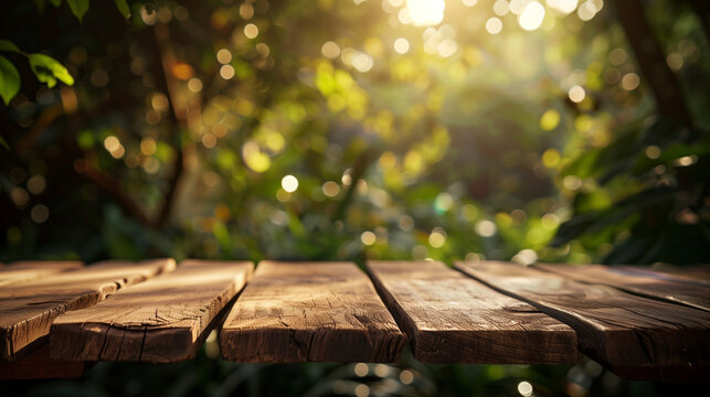 Sunlight Filtering Through Green Leaves onto a Rustic Wooden Table