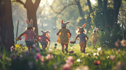 Enchanting Scene of Children with Bunny Ears Running in a Sunlit Park - obrazy, fototapety, plakaty