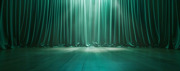 Enhanced by a vivid spotlight, the green theater curtains intensify the theatrical atmosphere. Concept Theater Curtains, Spotlight, Theatrical Atmosphere - obrazy, fototapety, plakaty