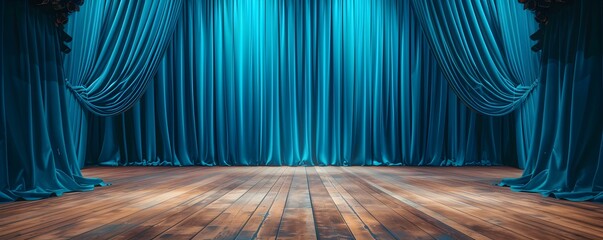 Vivid blue theater curtains and wooden stage floor set the scene. Concept Dramatic Theater Setting, Vivid Blue Curtains, Wooden Stage Floor, Scene Stealing Ambiance