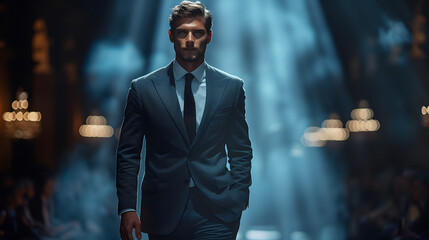 Man male model around 30s 40s years old walking on the catwalk, taken from the side, business suit, sensual look, full body