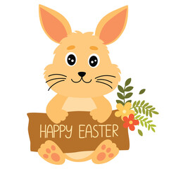 Easter cute bunny. Adorable easter rabbit with traditional festive decor. For poster, card, scrapbooking, stickers. Hand draw Flat cartoon vector illustration.
