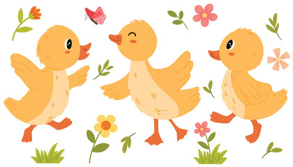 Cartoon Easter chicks set. Cute baby farm birds. Cheerful little chickens. Funny domestic animals. Spring collection of animals, flowers, newborn poultry. Cartoon Vector illustration