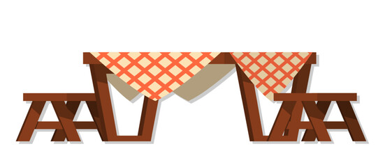 Wood dinning table with tablecloth and chairs cartoon illustration - obrazy, fototapety, plakaty