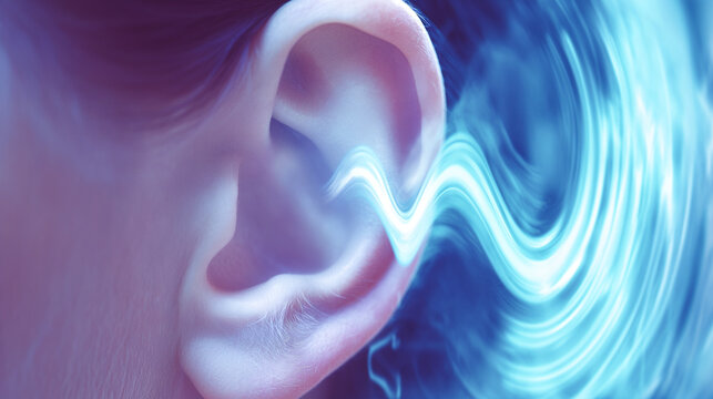 Close-up of an ear with a visual soundwave graphic emanating, illustrating the impact of loud noises on hyperacusis sufferers