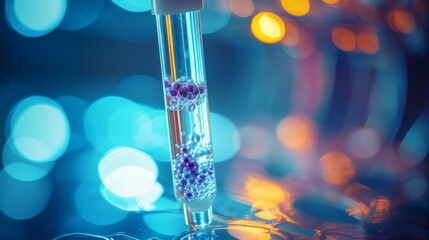 Close-up of a small test tube with a chemical substance in a research laboratory. Microbiology, Science, Medicine, Biology and Chemistry of the end. - obrazy, fototapety, plakaty
