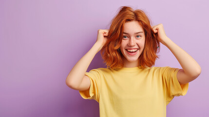 Radiant teen with copper hair in a playful stance, sporting a pastel lemon tee, against a minimalist pastel violet background, embodying a spirit of cheerfulness and spontaneity