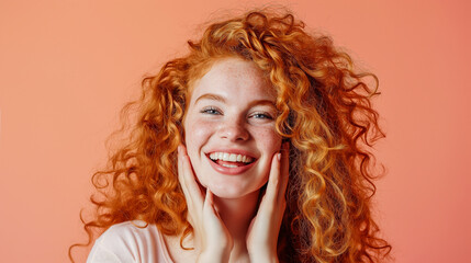 Curly-haired woman with playful expression, pastel peach background
