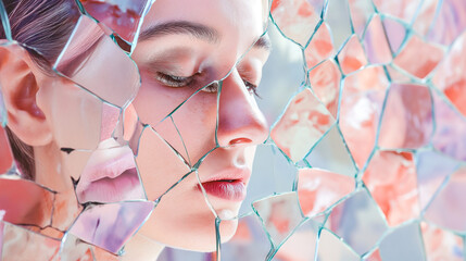 Woman in contemplation with a shattered mirror reflection, pastel tones
