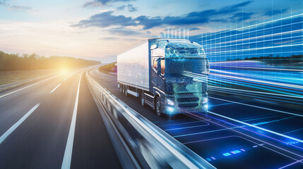 Autonomous truck driving on highway with futuristic interface - obrazy, fototapety, plakaty