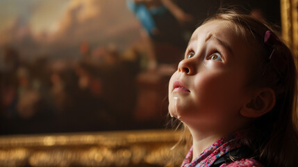 Young visitor with tears at an art museum, moved by the beauty of a masterful painting - obrazy, fototapety, plakaty