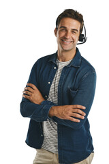 Man, portrait and headset for telemarketing communication for customer service, support or...