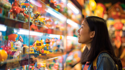 Enthusiastic visitor exploring a toy museum, surrounded by a colorful array of vintage toys