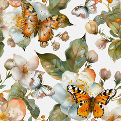 Butterfly Ballet, Butterfly Whisper, Spring Awakening, Spring Rain Melody, Spring Serenade, Seamless Floral Pattern, Wildflower, Created using generative AI