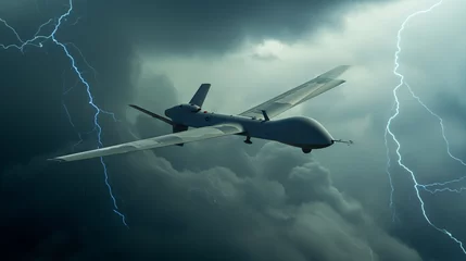 Fototapeten Stealth drone in flight, blending into a stormy sky with lightning, emphasizing its covert operations capability © XaMaps