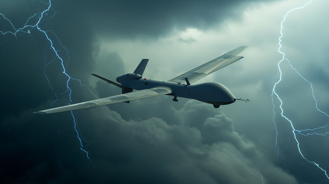 Stealth drone in flight, blending into a stormy sky with lightning, emphasizing its covert operations capability