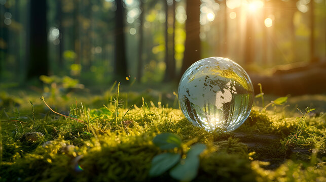 Close up of crystal globe resting on grass in a forest, generative ai
