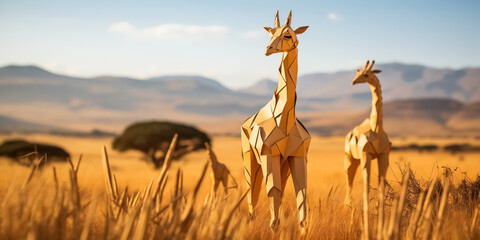 illustration de girafes en papier style origami dans un paysage de savane Africaine - obrazy, fototapety, plakaty