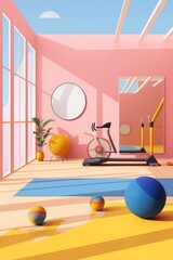 Minimal Illustration of Gym Equipment: Pink, Yellow, and Blue