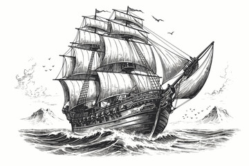 Ship frigate sailboat old sketch hand drawn illustration - obrazy, fototapety, plakaty