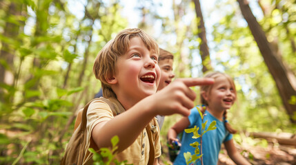 Children actively participate in a forest scavenger hunt, expressing excitement for an unseen discovery.
