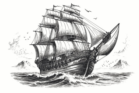 Ship frigate sailboat old sketch hand drawn illustration