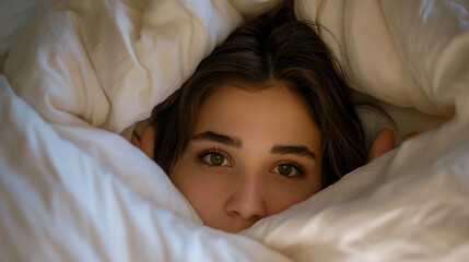 Obraz premium Young woman in bed, wrapped in a white duvet, with a serene morning light illuminating her face