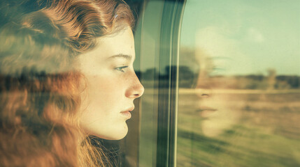 Teenage redhead gazing out of a train window, her reflection merging with the passing pastoral landscape, epitomizing wanderlust in a pastel-toned world - obrazy, fototapety, plakaty