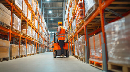 Worker guiding a manual pallet jack between warehouse aisles, focus on the vibrant orange of the equipment