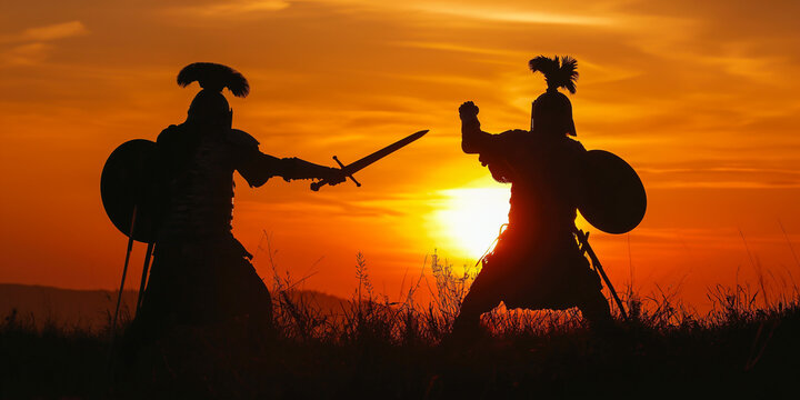 Two ancient warriors facing off at sunset, their silhouettes outlined against the vibrant orange sky