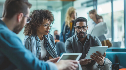 Male and female professionals in a casual meeting in a corporate lounge, using a tablet to brainstorm ideas