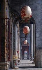 The Penang clan house features an enchanting arch corridor adorned with traditional lanterns