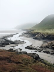 Misty Scottish Moors: Coastal Beach Scene in Scotland's Tranquil Coastal Moors