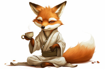 Cartoon fox in a kimono holding a steaming cup of tea, looking peaceful
