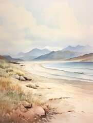 Muted Watercolor Mountain Ranges: Serene Coastal Mountains Beach Scene Painting
