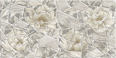 Ceramic tile design for walls washroom and kitchen. Shards of Italian ceramic tile pattern on the cement with victorian seamless pattern and marble. Floral pattern for wallpaper or tile.