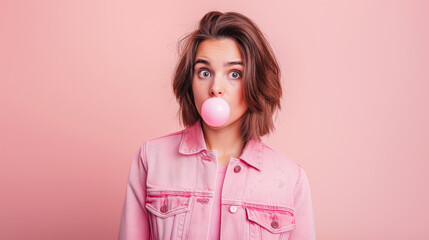 A quirky portrait of a young woman in a pink denim jacket making a surprised face as a bubblegum bubble pops in front of a plain pink background