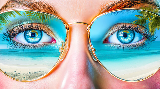 A pair of blue eyes with exaggerated long lashes and comical raised eyebrows, peeking over a pair of oversized, colorful sunglasses reflecting a sunny beach scene