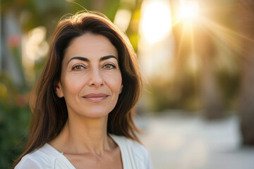 Fototapeta premium Headshot of beautiful mature Middle Eastern woman with blurred nature background in soft morning sunlight. Old age skin care concept