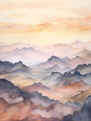 Muted Watercolor Mountain Ranges: First Light on Soft Peaks at Dawn