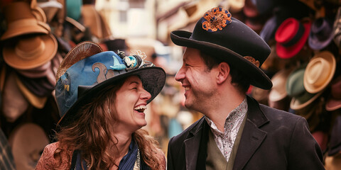 Couple laughing as they try on whimsical hats at a vintage Parisian flea market