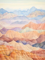 Muted Watercolor Mountain Ranges: Pastel Arid Peaks Chaotically Transforming Desert Landscapes