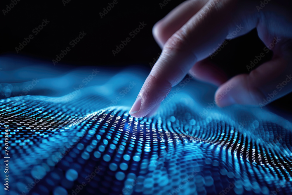 Poster person touching finger on computer screen. this image can be used to represent technology, interacti