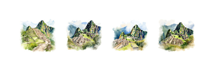 Machu Picchu landscape watercolor set. Vector illustration design. - obrazy, fototapety, plakaty