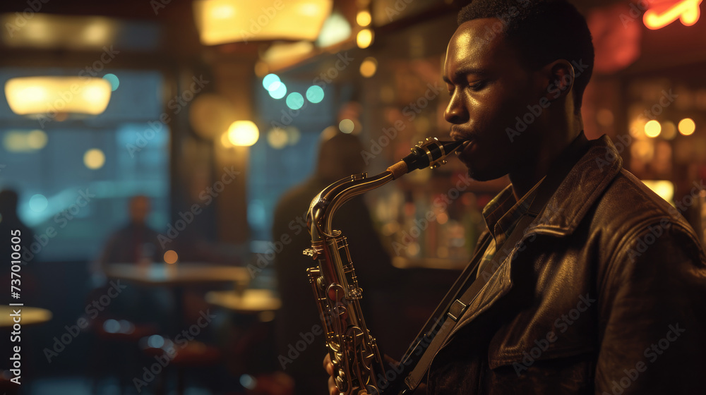 Poster man in leather jacket playing saxophone. ideal for music-related projects and artistic compositions