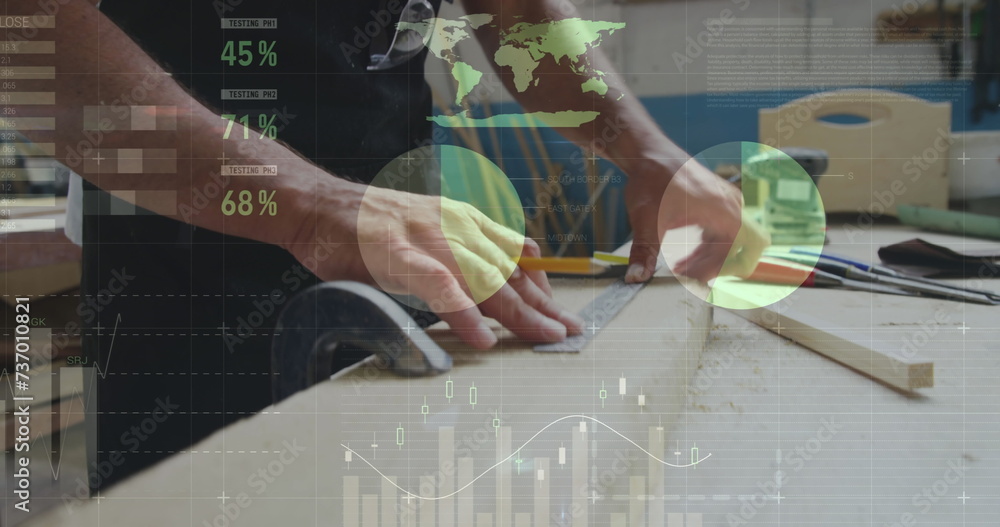 Poster two men building in a workshop with graphs and stats