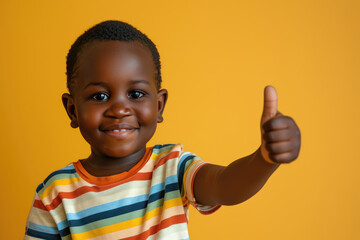 Happy little cute African boy giving thumbs up on yellow background