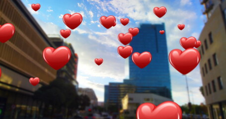 City center digital composite with heart icons